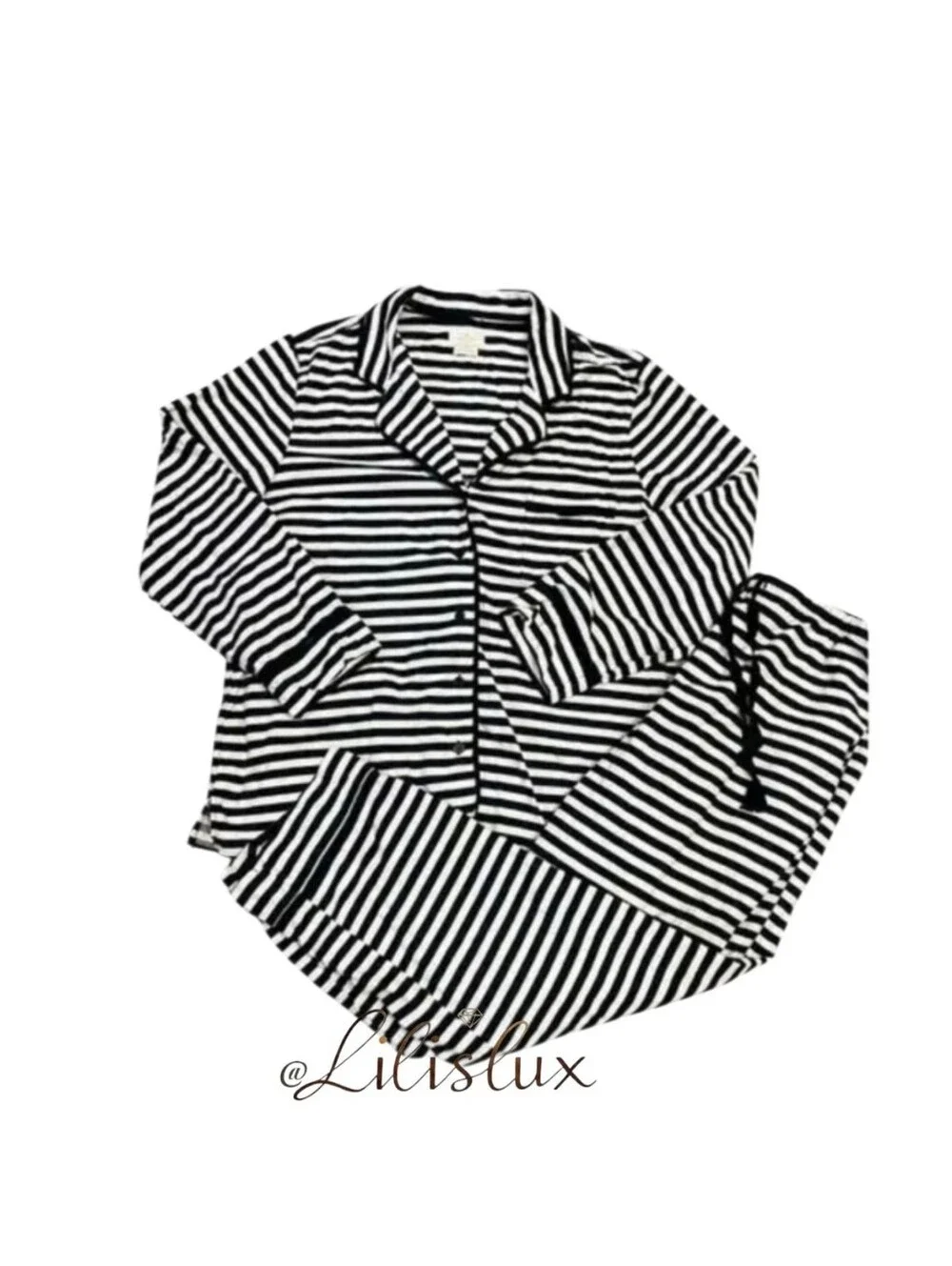 Kate Spade Black And White Striped Flannel Pajama Set Size Medium